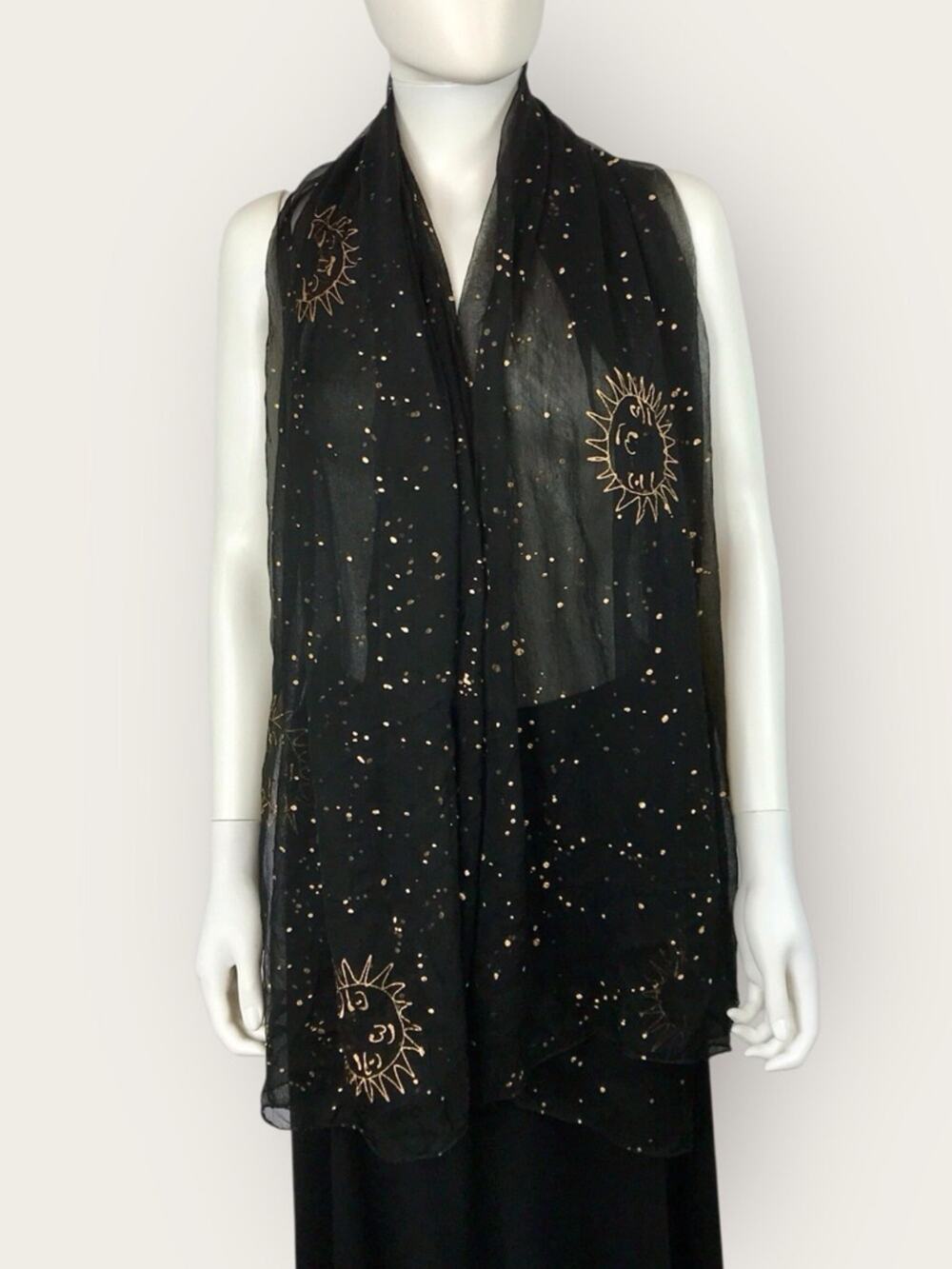 Black & Gold Sheer Sun & Stars Scarf Wrap Boho Hand-painted Gold Detail